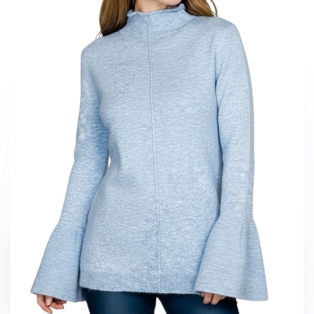 NWT ALLIE & ROB Heathered Blue High Neck Long Bell Sleeve Sweater Size Large